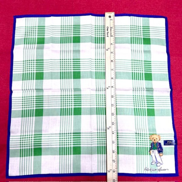 Polo Ralph Lauren  Mini Scarf Handkerchief 19: white green check with Bear (93) - Picture 7 of 7